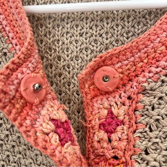 J Jill Linen Open Knit Crochet Cardigan Beige Granny Square Size Medium Petite - Picture 5 of 11